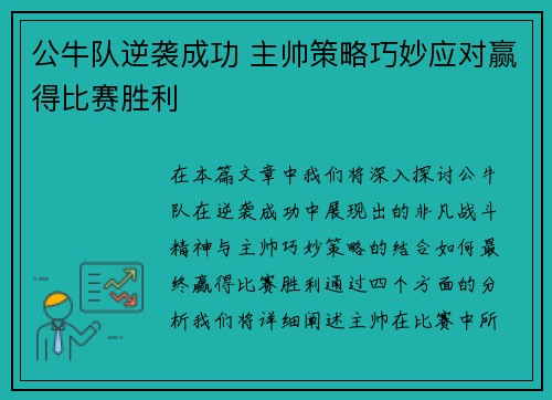 公牛队逆袭成功 主帅策略巧妙应对赢得比赛胜利