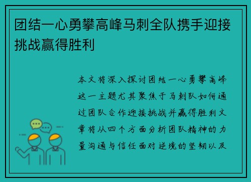 团结一心勇攀高峰马刺全队携手迎接挑战赢得胜利