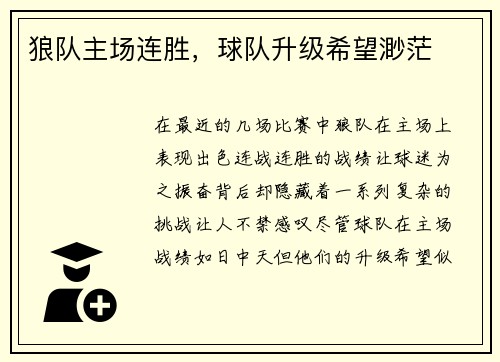 狼队主场连胜,球队升级希望渺茫