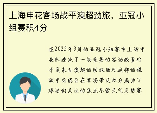 上海申花客场战平澳超劲旅,亚冠小组赛积4分