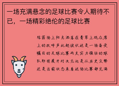 一场充满悬念的足球比赛令人期待不已,一场精彩绝伦的足球比赛