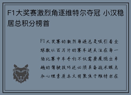 F1大奖赛激烈角逐维特尔夺冠 小汉稳居总积分榜首