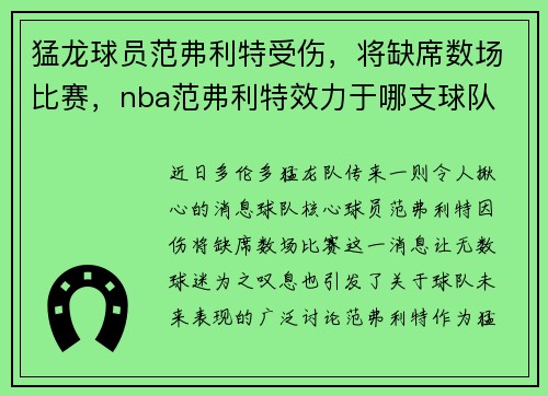 猛龙球员范弗利特受伤，将缺席数场比赛，nba范弗利特效力于哪支球队
