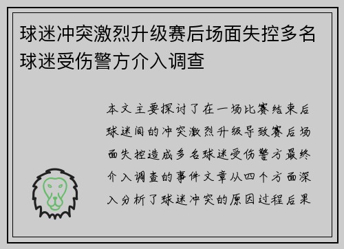 球迷冲突激烈升级赛后场面失控多名球迷受伤警方介入调查