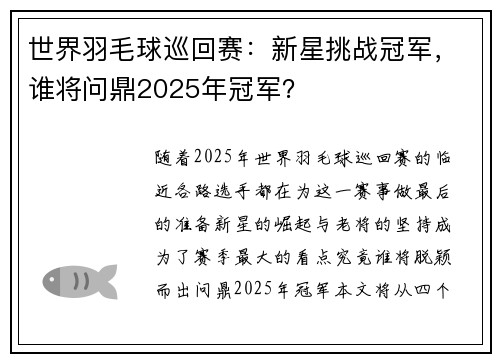 世界羽毛球巡回赛:新星挑战冠军,谁将问鼎2025年冠军?